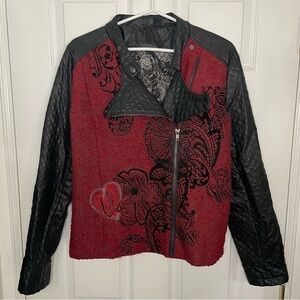 Desigual Wool Blend and Vegan Leather Black and Red Moto Jacket 42